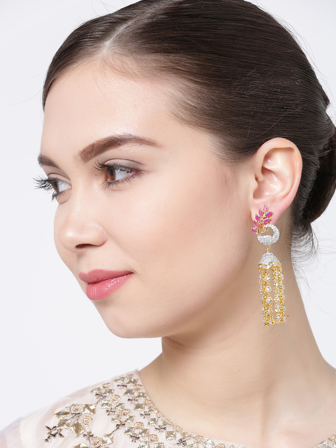 YouBella Magenta Gold-Plated Stone-Studded Jhumkas